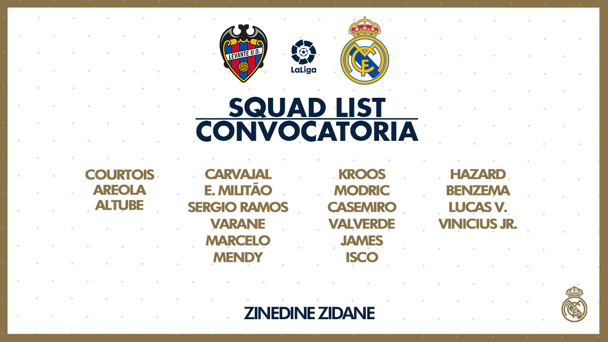 realmadriden's tweet image. 📝 Here&apos;s our 19-man squad for tomorrow&apos;s trip to face @LevanteUD! 
#LevanteRealMadrid | #HalaMadrid