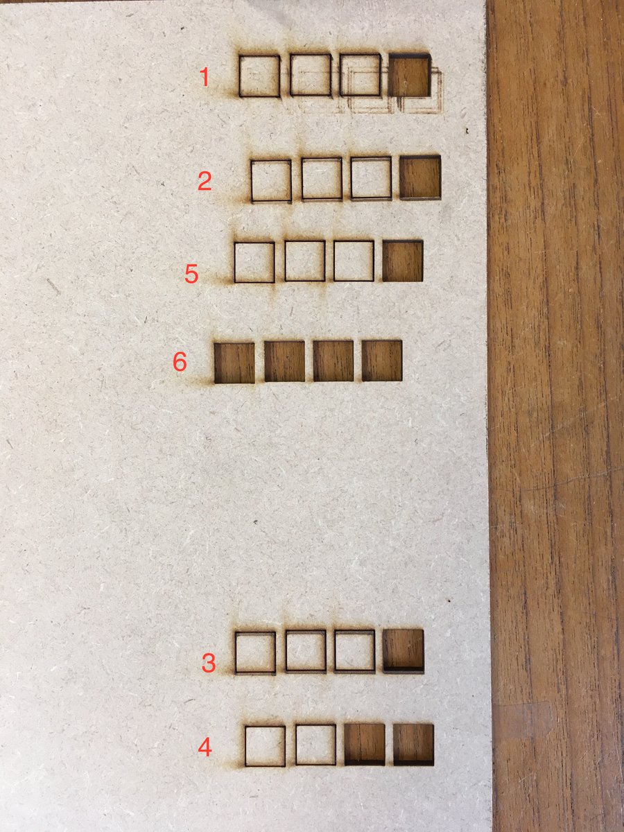 Aujourd'hui, alignement des miroirs de la découpeuse laser parce qu'elle avait perdu 50% de sa puissance (la preuve avec les tracés fantômes sur le test 1...)