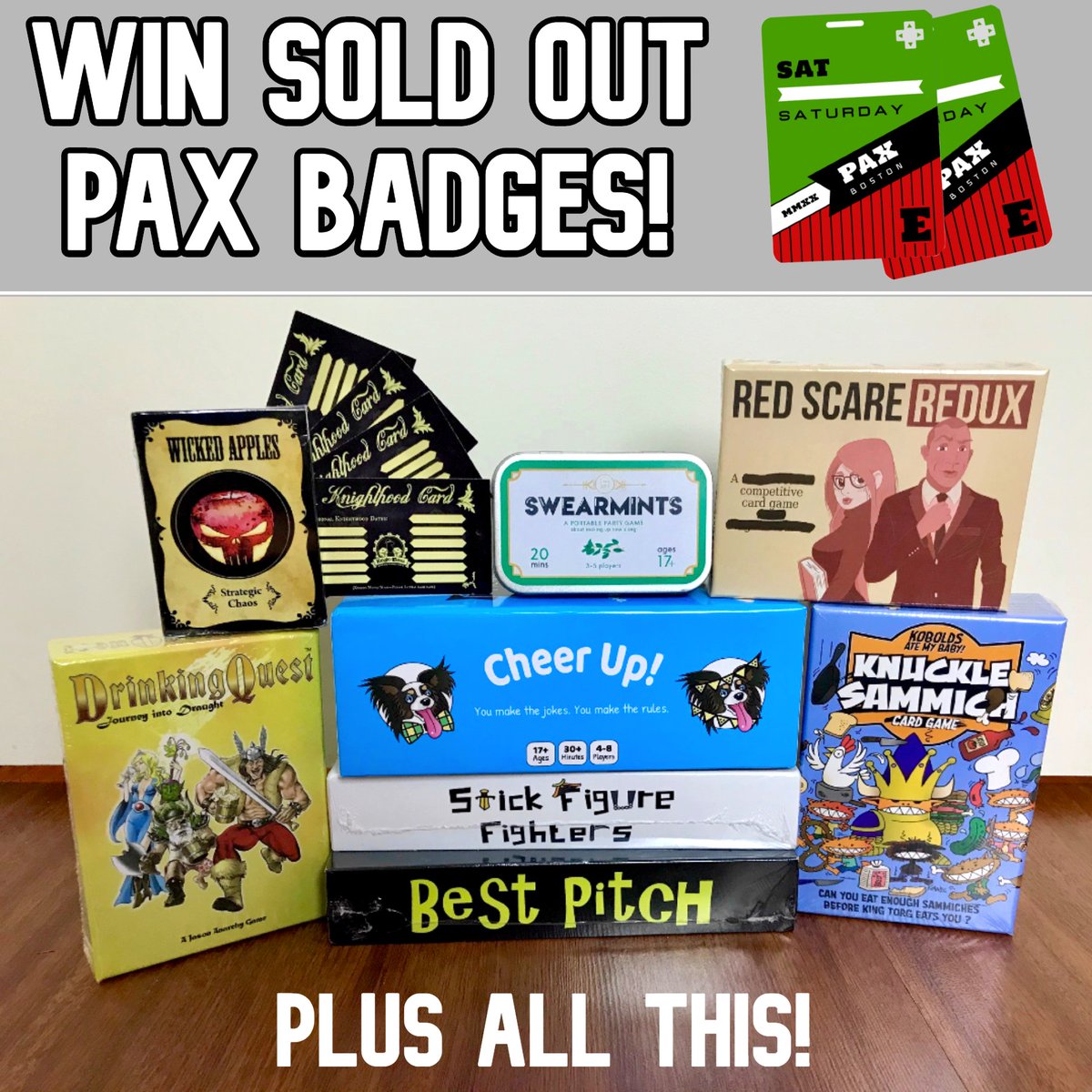 CheerUpGames's tweet photo. #PAXEast #Giveaway Alert! We're giving away a pair of SOLD OUT Saturday badges to one lucky winner to celebrate our new Kickstarter, PLUS both of our games and hundreds of dollars in other prizes! 

Enter now and we'll draw the winner during PAX East!

--> https://t.co/7HTrjgm3ix https://t.co/HIrqX963fC
