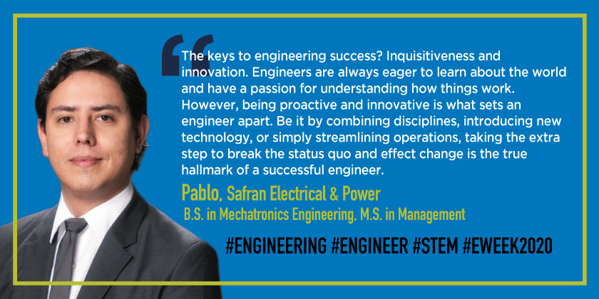 SafranUSA's tweet image. Pablo from @SafranElectric in Charleston, SC shares his tips for a successful career in #engineering. #eweek2020 #STEM #SafranTalent @SafranTalent