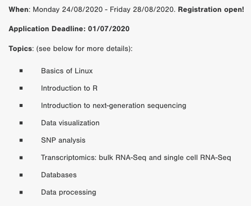 BiottofnI's tweet photo. Please RT: The Third Glasgow #BioInformatics Summer School will take place 24-28 of August 2020: https://t.co/VK7CmX6vVd We cover #NGSS, #linux, #R, mapping, #RNA-seq, scRNA-Seq and a lot more. Very good feedback last year!
 
@iiiglasgow @WCIPGLASGOW https://t.co/U62Zrdauwc