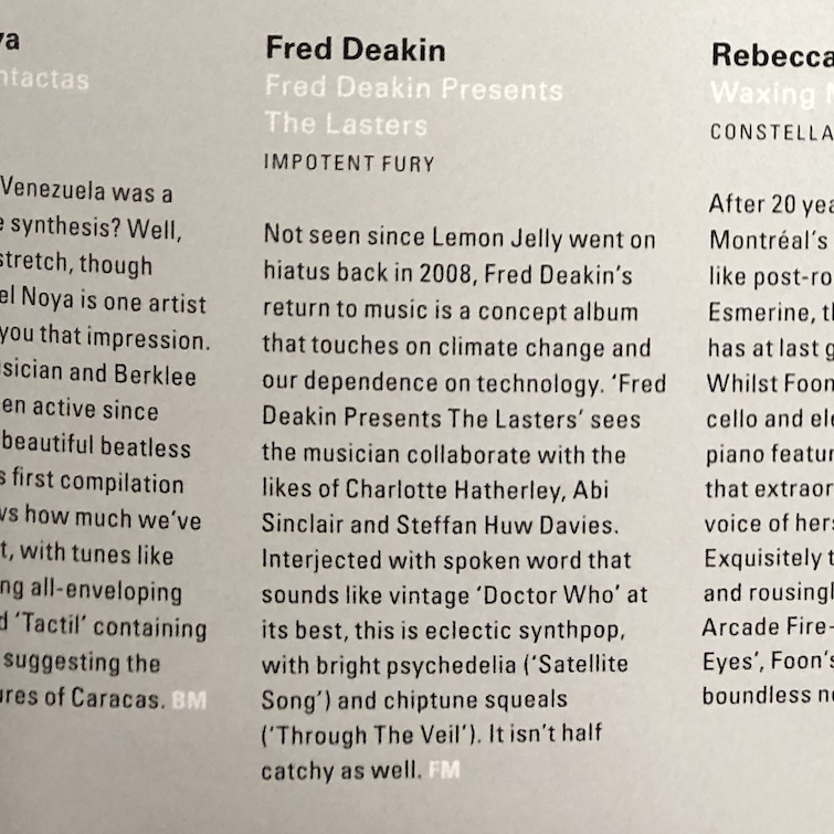 FredDeakin's tweet photo. Nice review of my new sci-fi concept album The Lasters in this month’s Electronic Sound - “like vintage Doctor Who at its best” https://t.co/O4Y6SLD8Gq #thelasters #lemonjelly #sciencefiction #conceptalbum https://t.co/YjZe8tZYLh