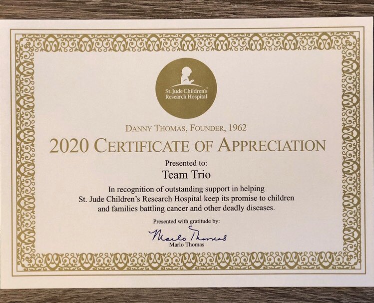 ThinkTrio's tweet photo. We are proud to support the @StJude Childrenโs Research Hospital and their mission! Thank you for this certificate of appreciation. #ThinkTrio https://t.co/rkcYs0qh4W
