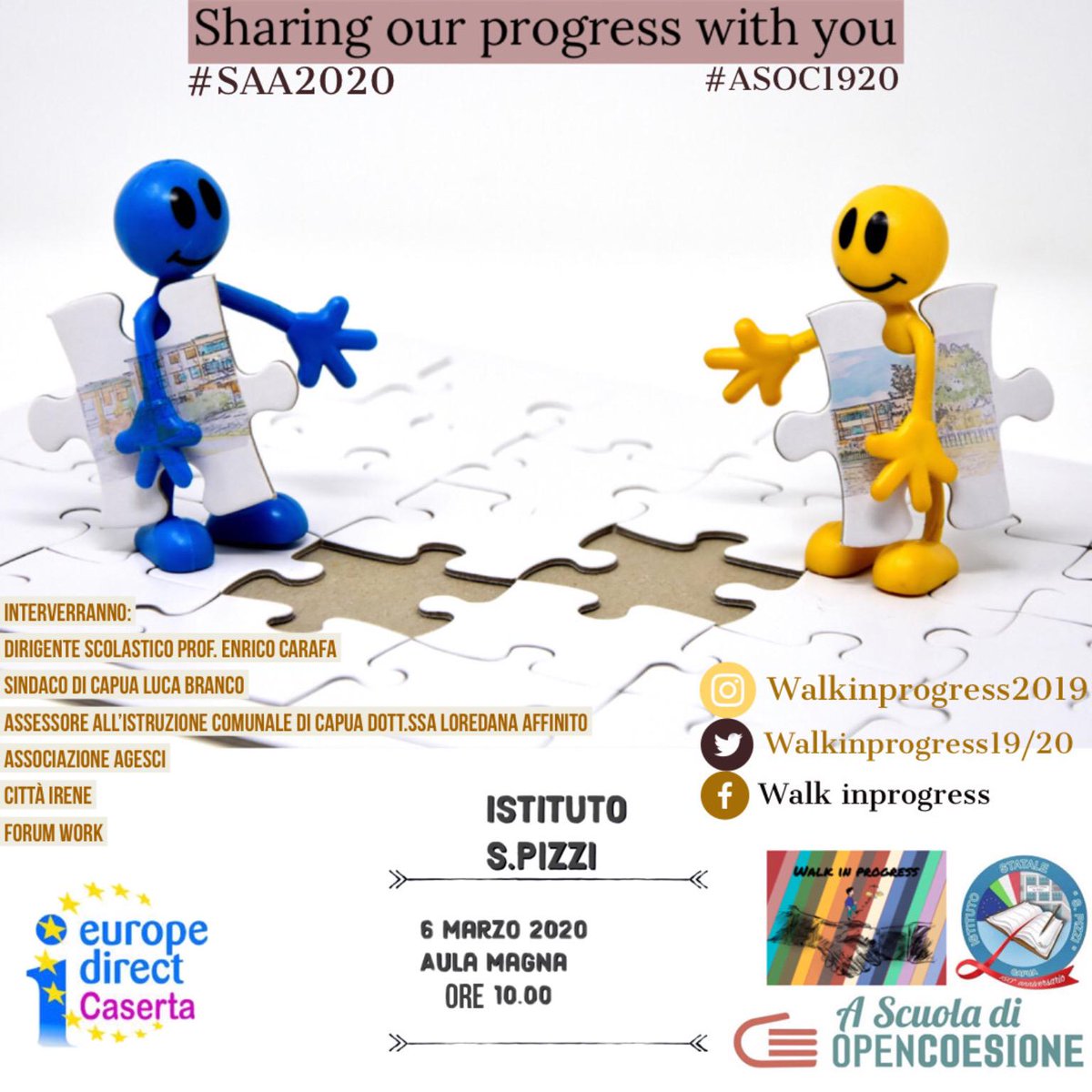 walkinprogress_'s tweet photo. Il giorno 6 marzo 2020, durante la SAA2020, presso l’istituto S.Pizzi di Capua, il team ASOC “Walk in progress” realizzerà un evento per presentare il lavoro di monitoraggio sui risultati del progetto analizzato. 
Per maggiori informazioni👇👇

https://t.co/O2m6Bl0QSL https://t.co/Yj9SWpGSwh