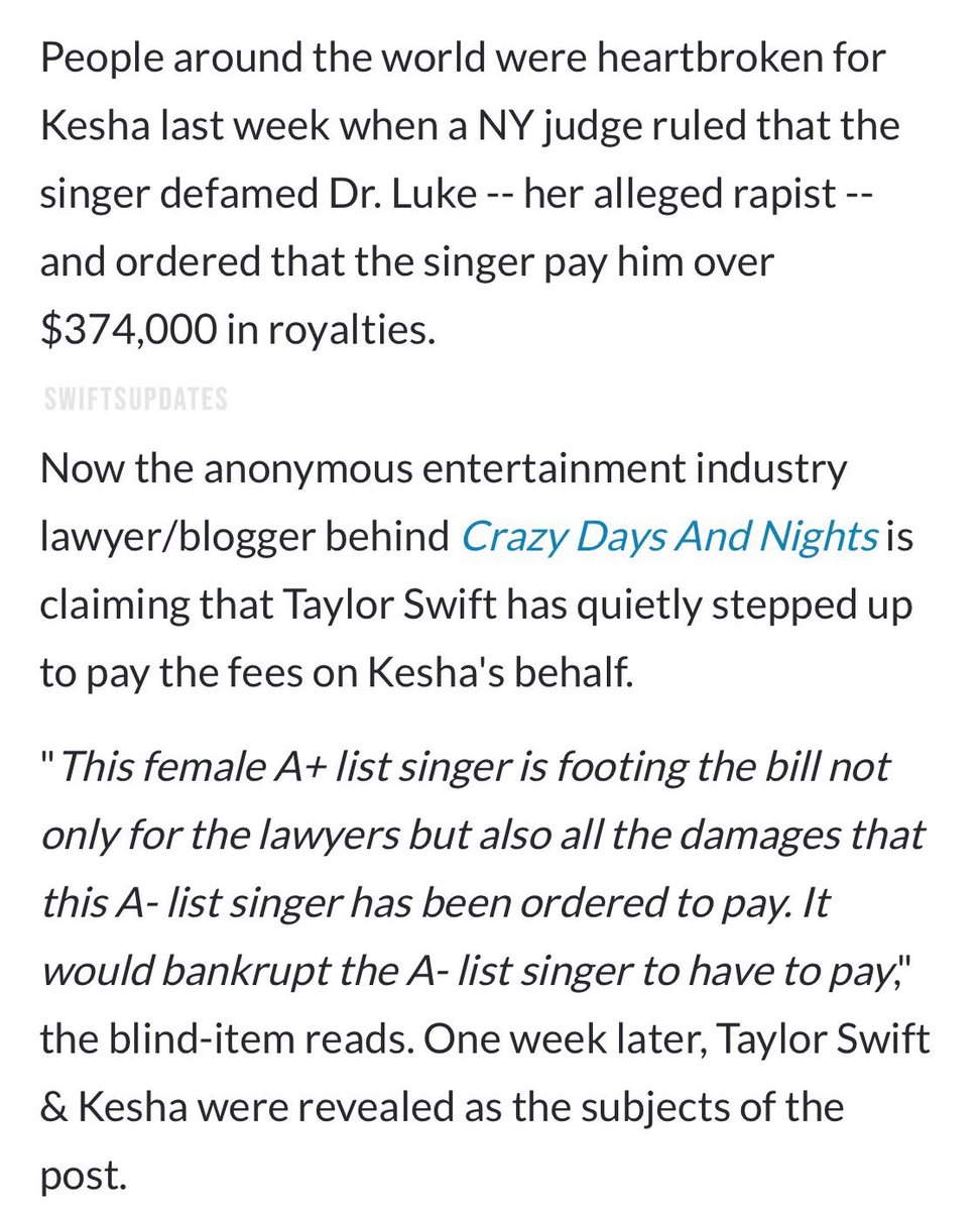 PopBase's tweet image. Taylor Swift is allegedly paying all damages that Kesha owes Dr.Luke after she was found guilty of defamation in court earlier this year.

The amout Kesha owes Dr.Luke is over $1.3M, 1/4 of her networth.
