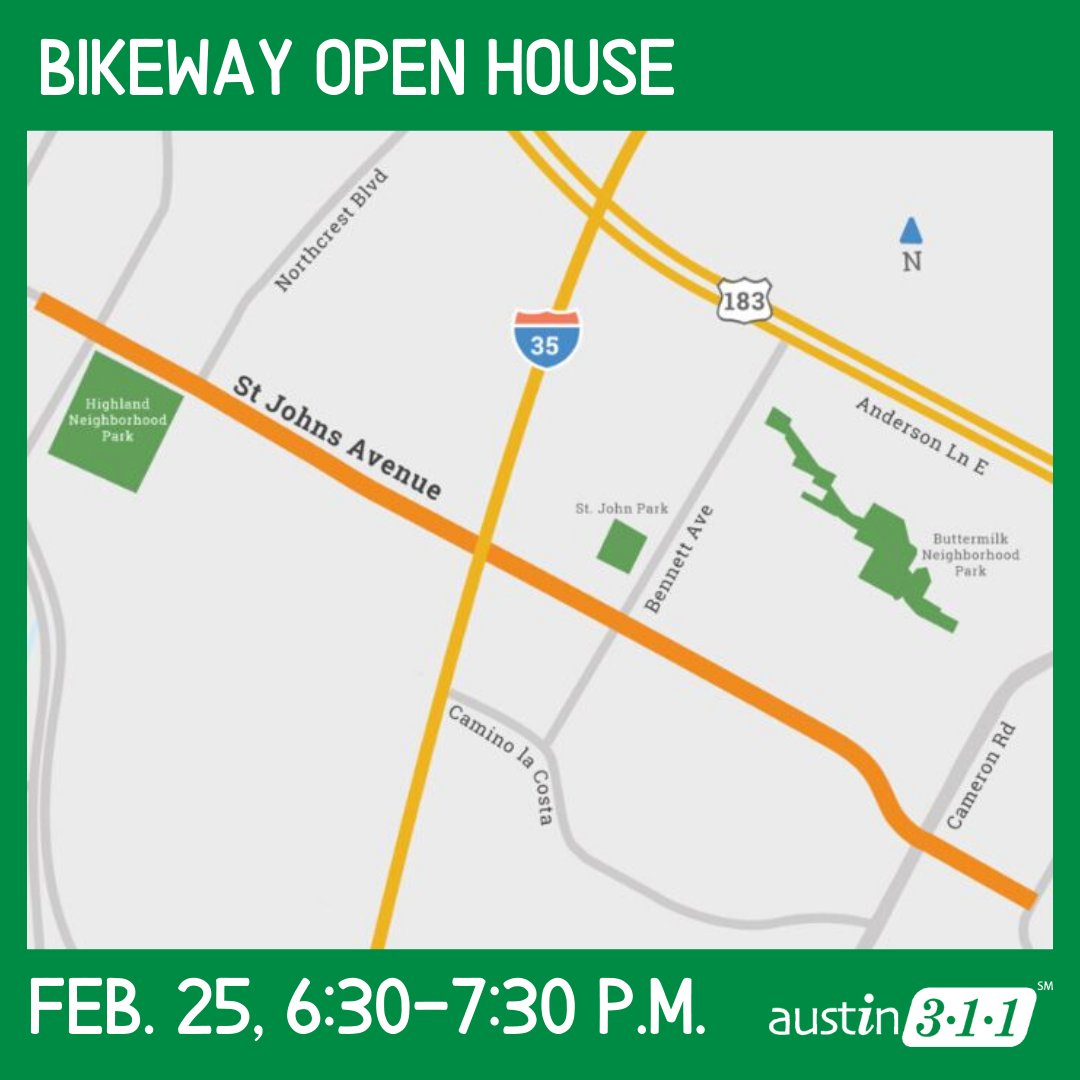 ATX_311's tweet photo. Join Austin Transportation on Feb 25, 6:30- 7:30 p.m. at the Virginia L. Brown Rec Center to evaluate St. Johns Ave. from N. Lamar Blvd. to Berkman Drive. They'll discuss enhancing safety & mobility for everyone as well as taking citizens feedback. #AustinTransportation #ATX https://t.co/kZrWIX6Rhb