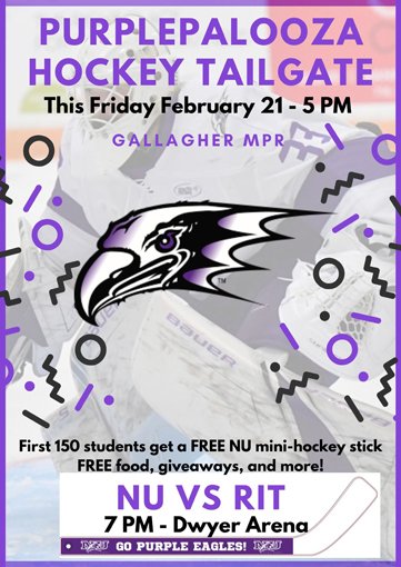 NUCampusAct's tweet photo. PURPLEPALOOZA today! See you at 5pm outside the Gally MPR & at 7pm for the big game @NiagaraMHKY vs. RIT at Dwyer! https://t.co/Y1PDQ3R0id