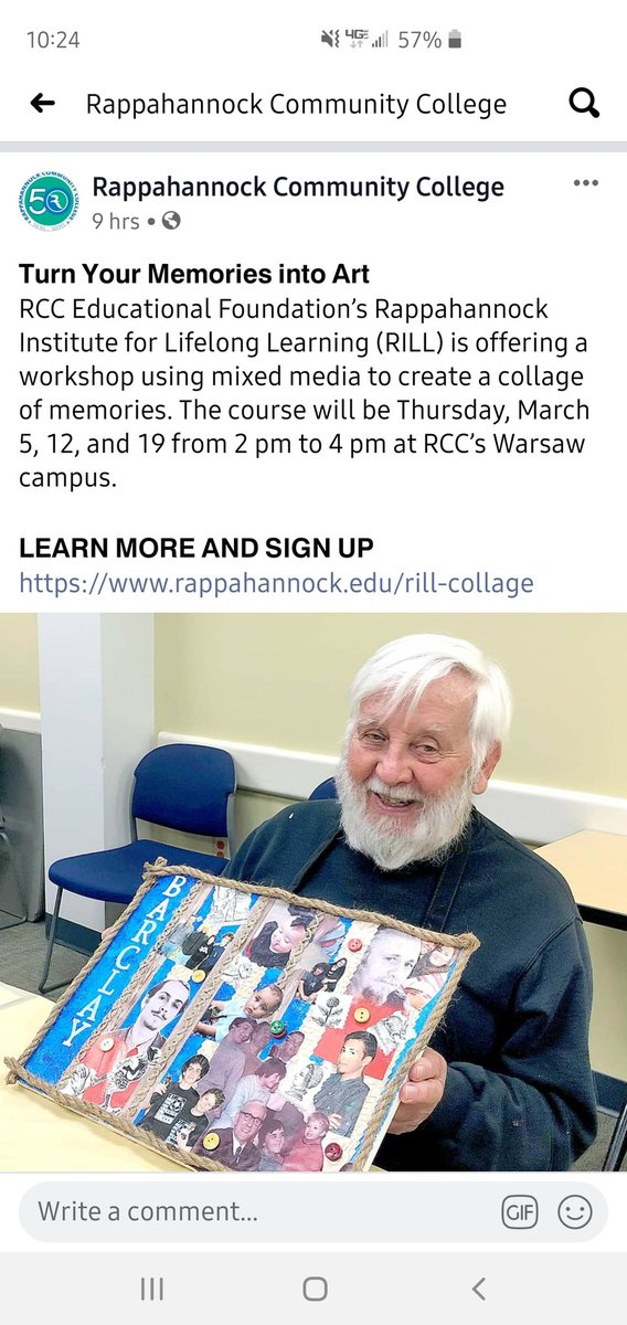 𝗧𝘂𝗿𝗻 𝗬𝗼𝘂𝗿 𝗠𝗲𝗺𝗼𝗿𝗶𝗲𝘀 𝗶𝗻𝘁𝗼 𝗔𝗿𝘁
<a href="/rappahannock_cc/">Rappahannock Community College</a> is offering a workshop using mixed media to create a collage of memories. Thurs, March 5, 12, &amp; 19,  2-4 pm at RCC’s Warsaw campus. 𝗟𝗘𝗔𝗥𝗡 𝗠𝗢𝗥𝗘
rappahannock.edu/rill-collage #nnk #tappahannock #thenorthernneck