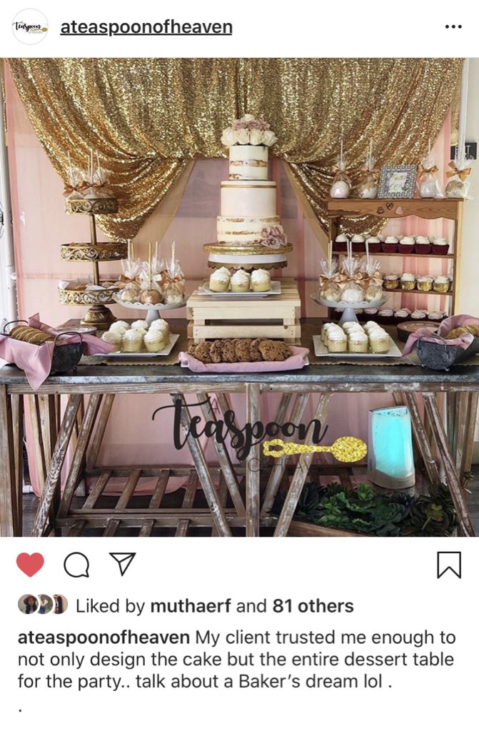 tyleerandco's tweet photo. This is my friend Ayana, she is an amazing baker! Her business is @ateaspoonofheaven on insta and she specializes in beautiful custom cakes, dessert tables etc. @Yanaabefree https://t.co/vVLgLH007U