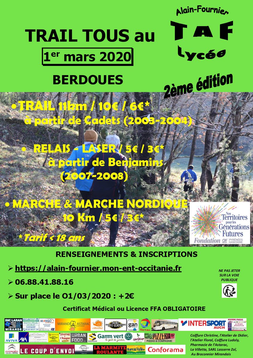LpoA_Fournier32's tweet photo. #TRAIL "TOUS AU TAF", le 1er mars 2020 à Berdoues.
Organisé par les élèves de 1ère BAC Pro Commerce, #OptionEPS & le FSE pour aider au financement des sorties & projets pédagogiques de TOUS nos lycéens. https://t.co/WiChJwUKZv