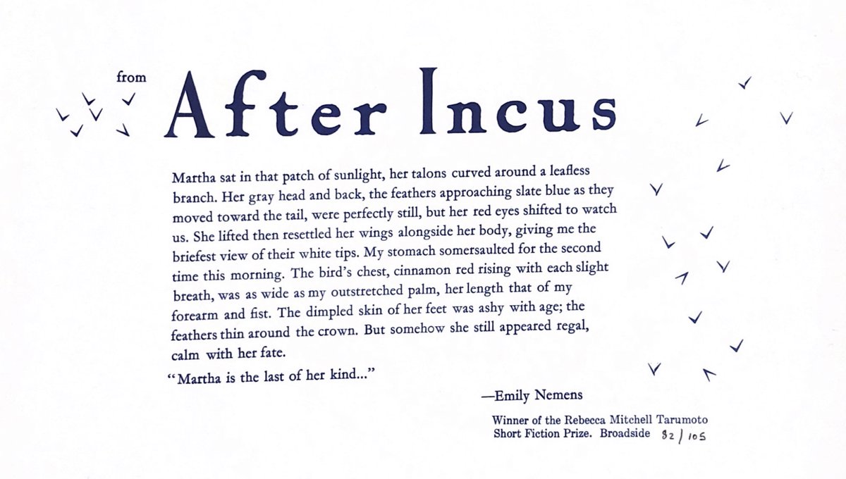 VCUBlackbird's tweet image. Congratulations @EmilyNemens, winner of the 2019 Rebecca Mitchell Tarumoto Short Fiction Prize for her story "After Incus." Nemens gave a reading at VCU's Cabell Library with writer Christine Schutt.

Read "After Incus" here: blackbird.vcu.edu/v17n1/fiction/…

Broadside: VCU's Kathy Graber