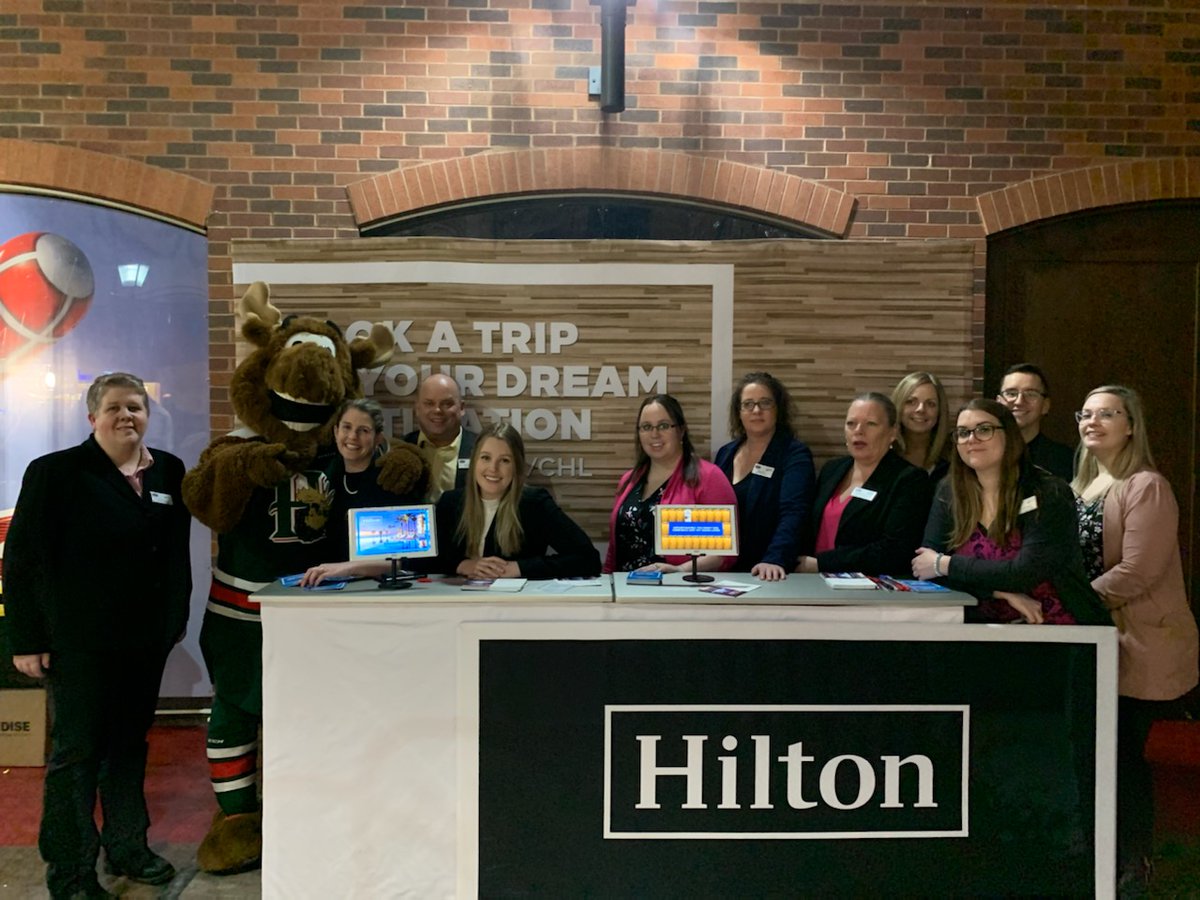 HamptonHalifax's tweet photo. Our team had a wonderful time at the Mooseheads game promoting our hotel and loyalty program “HILTON HONORS”. We gave away lots of prizes including a free nights stay and 1 lucky winner got to go on the ice and won a free 2 night stay anywhere! https://t.co/P64eZbX13c