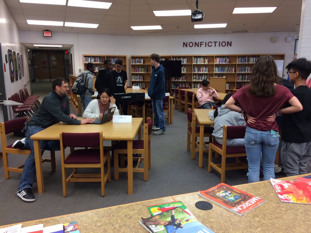 LibrarianAHS's tweet photo. Unquiet Library, perfect noise. MYP project fair sharing what was learned #AHSPogSquad @ibmyp @AnnandaleAtoms #AtomNation https://t.co/rwHnIuaGM6