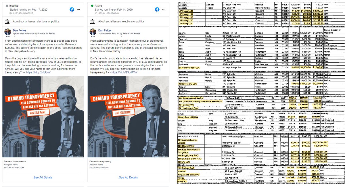 caseymcdermott's tweet photo. .@DanFeltesNH is running Facebook ads claiming he "isn't taking corporate PAC or LLC contributions" in his run for governor. His own campaign fundraising reports show otherwise.

@joshrogersNHPR and I have more details here: https://t.co/qsBDhojqgf https://t.co/zxlpPLvK4U