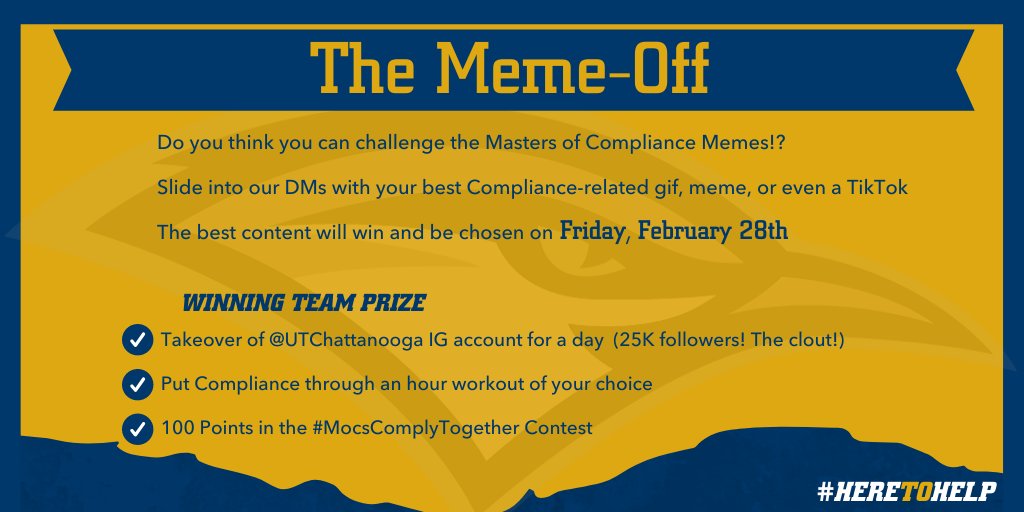 For the last 2 weeks of the #MocsComplyTogether contest, we're mixing it up!

Send us your best compliance-related gif, meme or TikTok by next Friday

👀Check that prize! Will likely make the difference between 2nd &amp; 3rd place in the contest

#HereToHelp  #TheGreatAmericanMemeOff