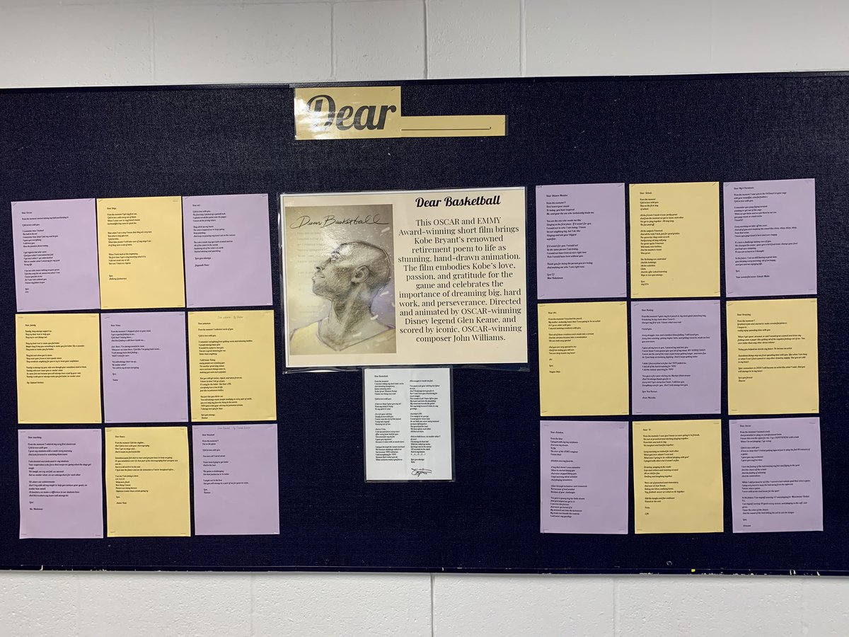 MrsPollari_EBMS's tweet photo. Dear (passion) poems in memory of the legendary Kobe Bryant. Our students took the time to watch the Oscar winning short film “Dear Basketball,” and read the transcript of his poem. After, our students wrote their own “passion poems” which came out beautifully!!! @EastBrookMS https://t.co/hpWa2B3LK0