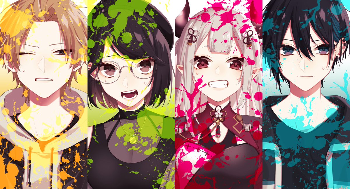 multiple boys multiple girls paint splatter 2girls horns 2boys glasses  illustration images