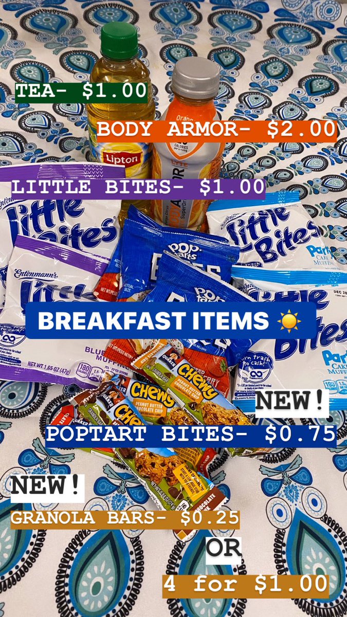 Missed Breakfast today? The DECA Store now has all of these breakfast favorites! Stop by today to get a Body Armor, Muffins, Poptart Bites, or a Granola Bar at these new prices!