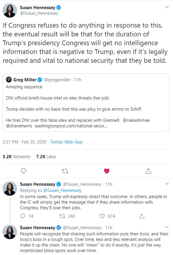 Past CLBR guest #Susan_Hennessey explains why Trump's new appointment of the acting head of DNI is a major crisis point.  #DNI #trump #russia #coverup