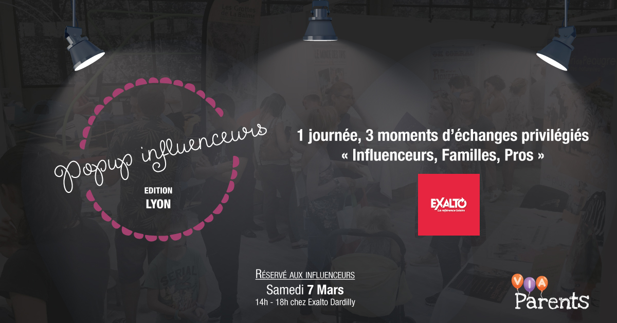 Prochains Popups Influenceurs Sam. 7 mars chez Exalto Dardilly ! 
Près de 20 partenaires présents et de nombreux lots à gagner ! Infos &amp; Résa:
viaparents.com/event/popup-vi… 
#Lyon #enfants #influenceurs 
En parallèle un événement Famille pour profiter des animations : trampo, ninja...