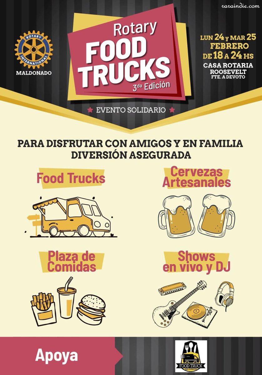 puntamunicipio's tweet photo. Se viene la tercera edición del Rotary Food Trucks el lunes 24 y martes 25 febrero de 18 a 00hs en la Casa Rotaria Roosevelt. FoodTrucks + Cerveza Artesanales + Plaza de Comidas + Shows y DJ en vivo. #VeranoEnPunta https://t.co/23RlptILLZ
