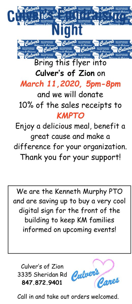 Guess what KM families!!! We’re kicking off our Spring FUN-draiser at our local Culver’s! Come join us and support our PTO March 11th from 5pm-8pm! We’re raising money for a digital sign for our building! Come join the fun!!
