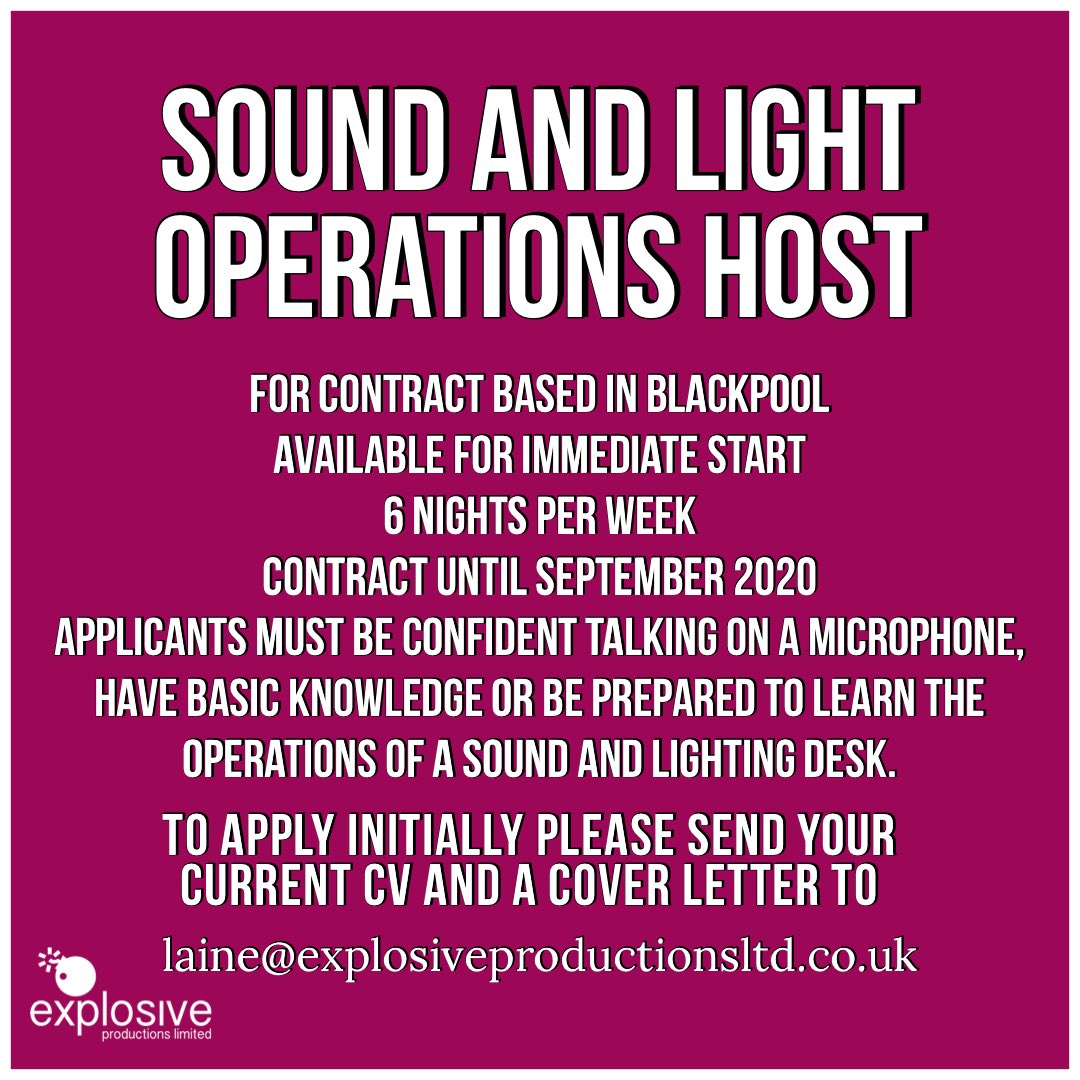 ExplosiveProLtd's tweet image. **JOB OPPORTUNITY**

Tag and share with anyone who might be interested 👍🏼

#blackpool #work #host #soundandlight #technician #jobpost #job #apply