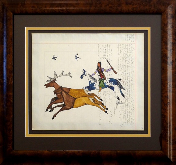 prairieedge's tweet photo. Hello friends and fellow #artlovers! Todayβs #FineArtFriday feature is new watercolor ledger art by Native American artist, Mike Marshall. We just recently framed these gorgeous paintings and love how rich the colors are. Several depict hunt scenes and courtship. #PrairieEdge https://t.co/y0WyM5Muqk