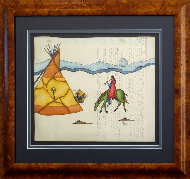 prairieedge's tweet photo. Hello friends and fellow #artlovers! Todayβs #FineArtFriday feature is new watercolor ledger art by Native American artist, Mike Marshall. We just recently framed these gorgeous paintings and love how rich the colors are. Several depict hunt scenes and courtship. #PrairieEdge https://t.co/y0WyM5Muqk