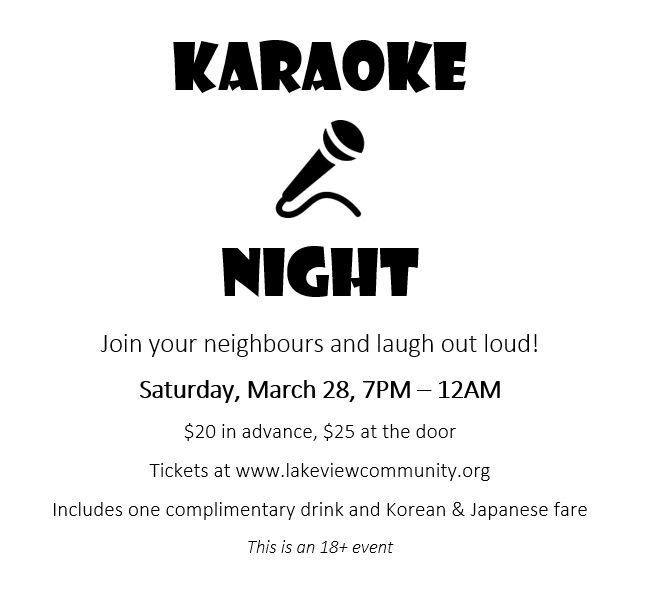 Check out the newest event at Lakeview Community Association! Join them for a Karaoke Night on March 28th. Details below. @LakeviewYYC