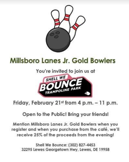 ShellWeBounce's tweet photo. Come on out and bounce this evening anytime from 4:00 until 11:00pm, and help support the Millsboro Lanes Jr. Gold Bowlers, who are advancing to competition in Las Vegas this year! Congrats and best of luck! 🙌🎳🏆 https://t.co/2eIAX7rZBt