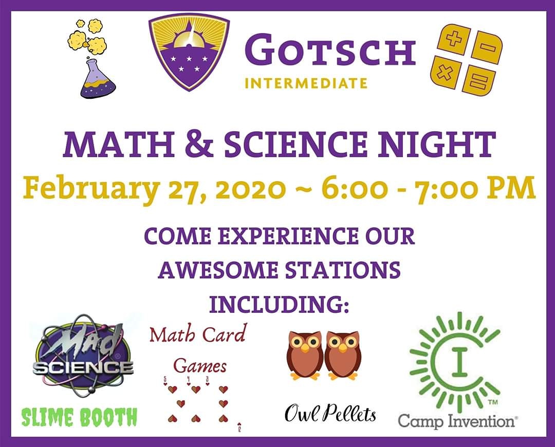 Gotsch_learns's tweet photo. 📆MARK YOUR CALENDARS!

Gotsch's Math &amp; Science Night is coming Feb. 27th from 6:00-7:00PM! There will be a lot of great stations to visit including Mad Science Slime Booth!

#gotschlearns #mathandsciencenight https://t.co/C6ZXFW9IHp
