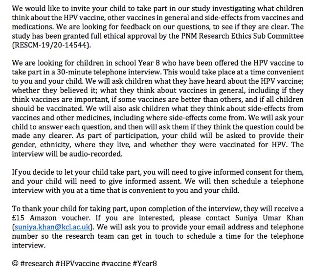 Looking for #Year8 students who have been offered the #HPVvaccine to do a 30-minute phone interview. In return, children will receive a £15 Amazon #voucher. To take part, please contact <a href="/louisesmith142/">Louise Smith</a>. Please RT! #research #vaccine