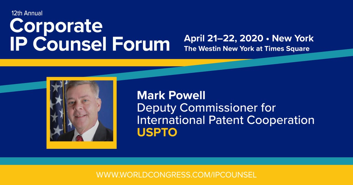 WCLegal's tweet photo. Keynote speaker at the Corporate IP Counsel Mark Powell, Deputy Commissioner for International Patent Co. shares USPTO developments in patent/trademark/copyright protection. Discuss efforts to promote innovation &amp; learn about changes in IP protection guidelines. #WorldCongressIP https://t.co/fmnfPVHl1E
