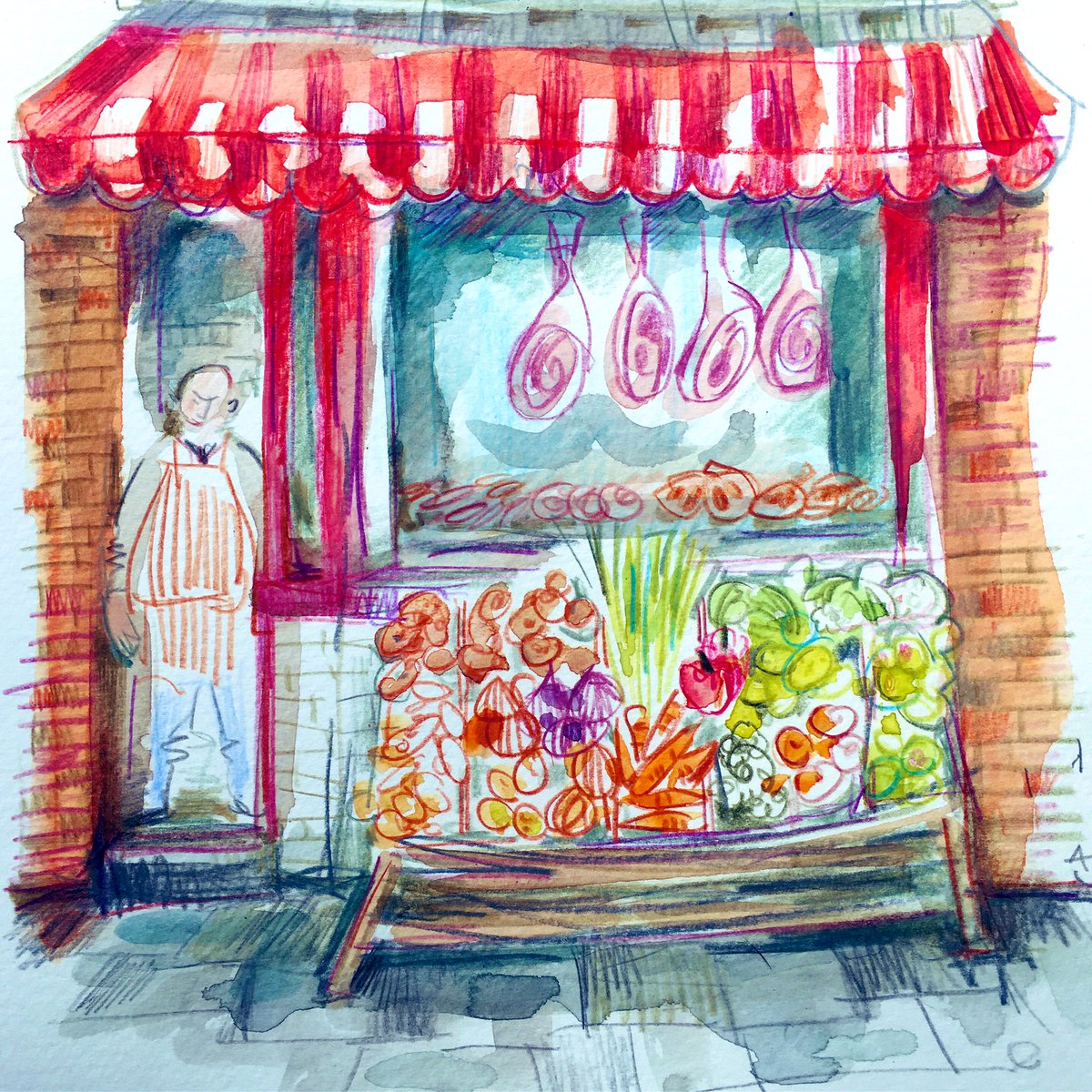 I’ve been caught. Heathcotes Family Butchers, Bollington. #urbansketch #urbansketching #UrbanSketchers #Bollington #andreajoseph #ifyournamesnotdownyourenotcomingin