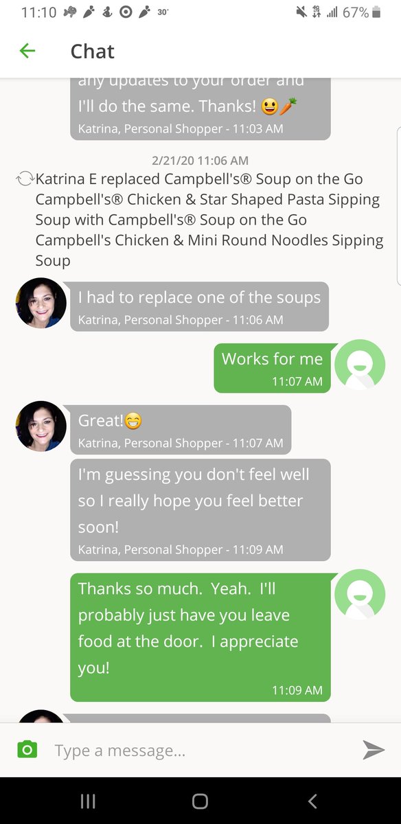 mklease's tweet image. #instacart coming in clutch.  Was it the 5 different types of chicken noodle soups and Gatorade that tipped her off? @Instacart this is amazing service.
