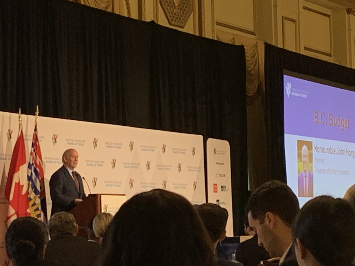 Kicking off my milestone birthday listening to Premier <a href="/jjhorgan/">John Horgan</a> delivering his post budget address <a href="/BoardofTrade/">Greater Vancouver Board of Trade</a>. Oh and the free breakfast was a nice treat too. #perksofthejob.
