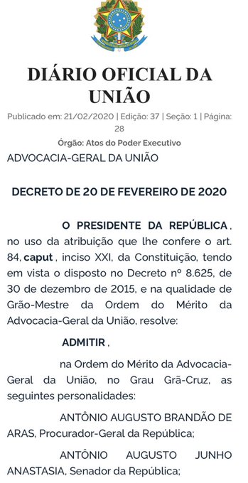 Soube h&aacute; pouco que fui honrado com a Ordem do M&eacute;rito da Advocacia-Geral da Uni&atilde;o, no Grau Gr&atilde;-Cruz. https://t<a href="/tag/otrabalhoporminascontinua"class="tags"><span>#otrabalhoporminascontinua</span></a>