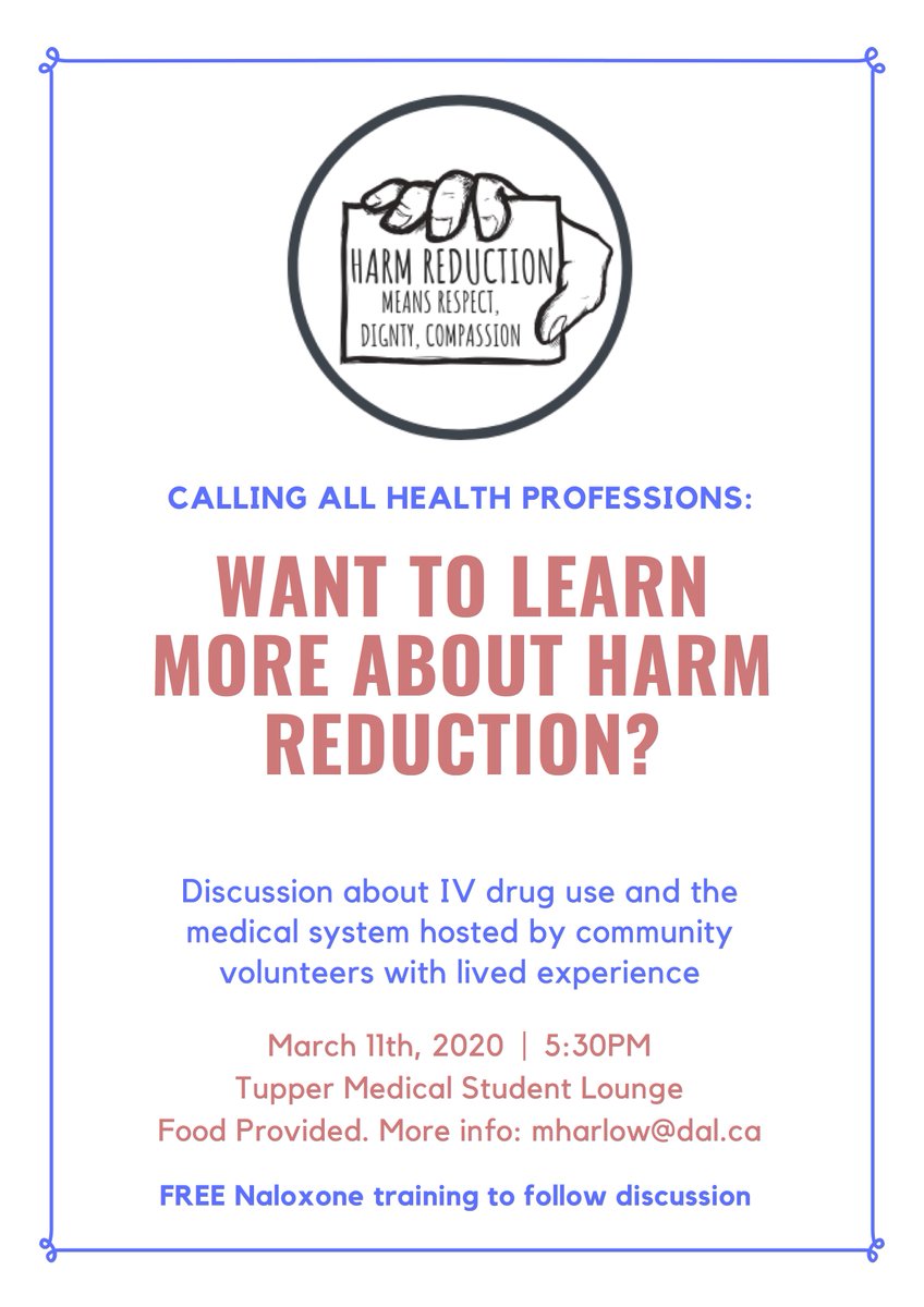 Office of Community Partnerships and Global Health (@dalglobalhealth) on Twitter photo Calling all Health Professionals!
Want to learn more about harm reduction?
Join the discussion on March 11 @ 5:30 PM in the Tupper Medical Student Lounge (2nd floor). Food provided. More info: mharlow@dal.ca. FREE Naloxone training to follow. <a href="/DalMedSchool/">DalMedSchool</a> <a href="/DalMedGHI/">DalMedGHI</a> <a href="/DalMedSL/">Dal Med Service Learning</a> Calling all Health Professionals!
Want to learn more about harm reduction?
Join the discussion on March 11 @ 5:30 PM in the Tupper Medical Student Lounge (2nd floor). Food provided. More info: mharlow@dal.ca. FREE Naloxone training to follow. <a href="/DalMedSchool/">DalMedSchool</a> <a href="/DalMedGHI/">DalMedGHI</a> <a href="/DalMedSL/">Dal Med Service Learning</a>