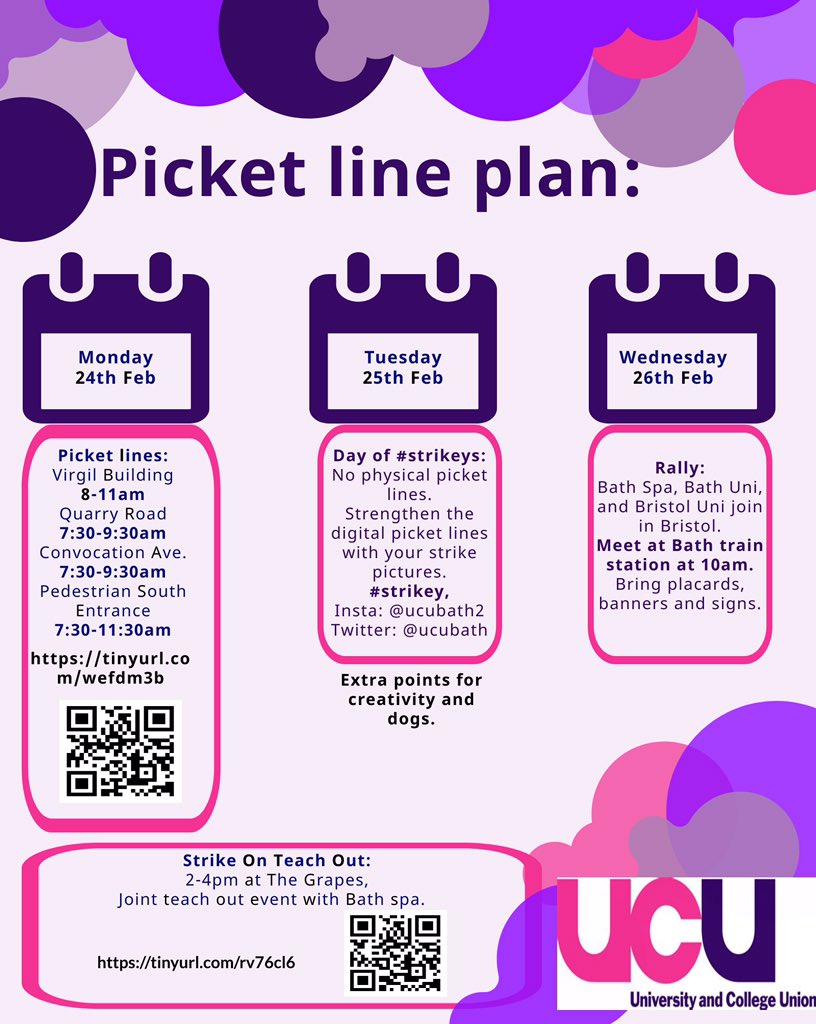 UCUBath's tweet photo. 🚨 Next week’s plan for @UCUBath strike days! 🚨
Mon: join the pickets & show our determination!
Tues: stay home: play with the 🐈, walk the 🐕, grab some 🍺 ☕️ - you’re not working so enjoy living! Tweets selfies at us #strikey #directinaction
Wed: big rally in Bristol! ✊🏻👇🏻 https://t.co/R16OHYtmgr