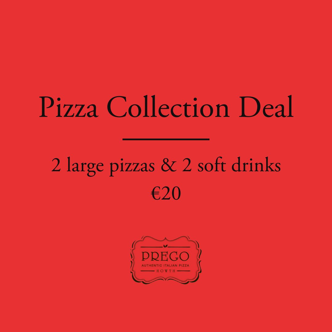 PregoHowth's tweet image. Pizza Friday's are a thing, right? 🍕 Make the most of our collection offer! 
Get any 2 large pizzas and 2 cans of Coke, Sprite or Fanta for only €20! Order online at bit.ly/PregoHowth or call us at 01-8323359!
*Offer valid for collections only