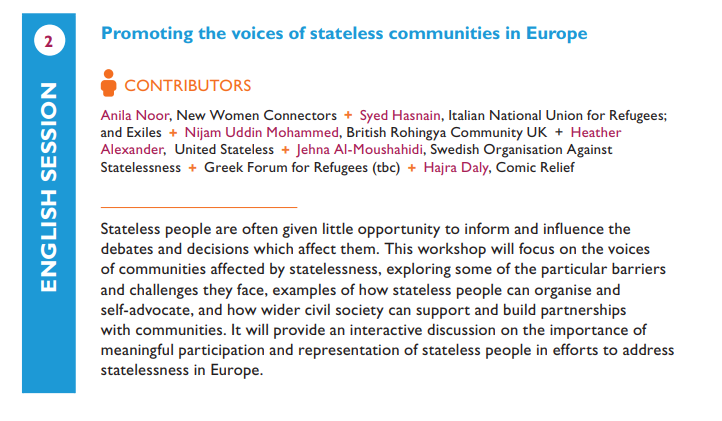 ENStatelessness's tweet photo. Session 2 at our #202AlicanteStateless conference will be on working alongside #stateless communities and activists led by @nooranila with @nijam_eng Heather Alexander @UnitedStateless @Refugeegr and Hajra Daly @comicrelief 

https://t.co/7X74cOS8ys https://t.co/Sajmrt4fi0