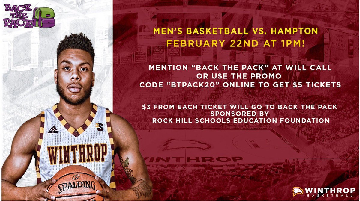 RHSEF (@rhsefoundation) on Twitter photo Support Back the Pack and our <a href="/WUEagles/">Winthrop Athletics</a> at tomorrow’s game!  Tickets only $5 when you use promo code BTPack20 or mention BTP at the ticket window. 🏀 📚 💵 Support Back the Pack and our <a href="/WUEagles/">Winthrop Athletics</a> at tomorrow’s game!  Tickets only $5 when you use promo code BTPack20 or mention BTP at the ticket window. 🏀 📚 💵