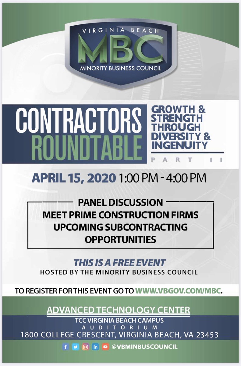 myVBMBC's tweet photo. Join us for this panel discussion that features prime construction firms who will share information about upcoming subcontracting opportunities. #myVBMBC https://t.co/wRsFAMS1nU