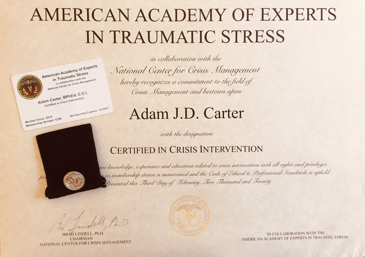 AdamKSTJ's tweet photo. Officially Certified in Crisis Intervention #CCI with #AAETS @american_stress  &amp; the National Center for Crisis Management #NCCM, to complement my #CTR @TraumaLines &amp; my #CSTES #AIP @ICISFInc ... Next up is my #PATSS Peer and Trauma Support System certification @MoodDisordersCa https://t.co/il9or1wORv