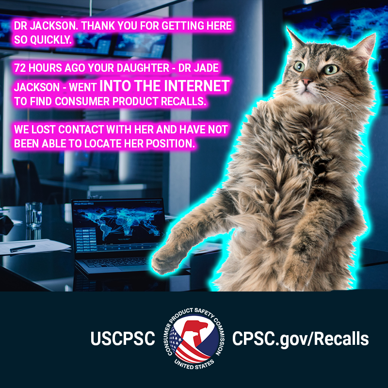 A cat named Copernicus Jackson in a dark room with computers. The text reads: Dr Jackson. Thank you for getting here so quickly. 72 hours ago your daughter - Dr Jade Jackson - went into the internet to find consumer product recalls. We lost contact with her and have not been able to locate her position.