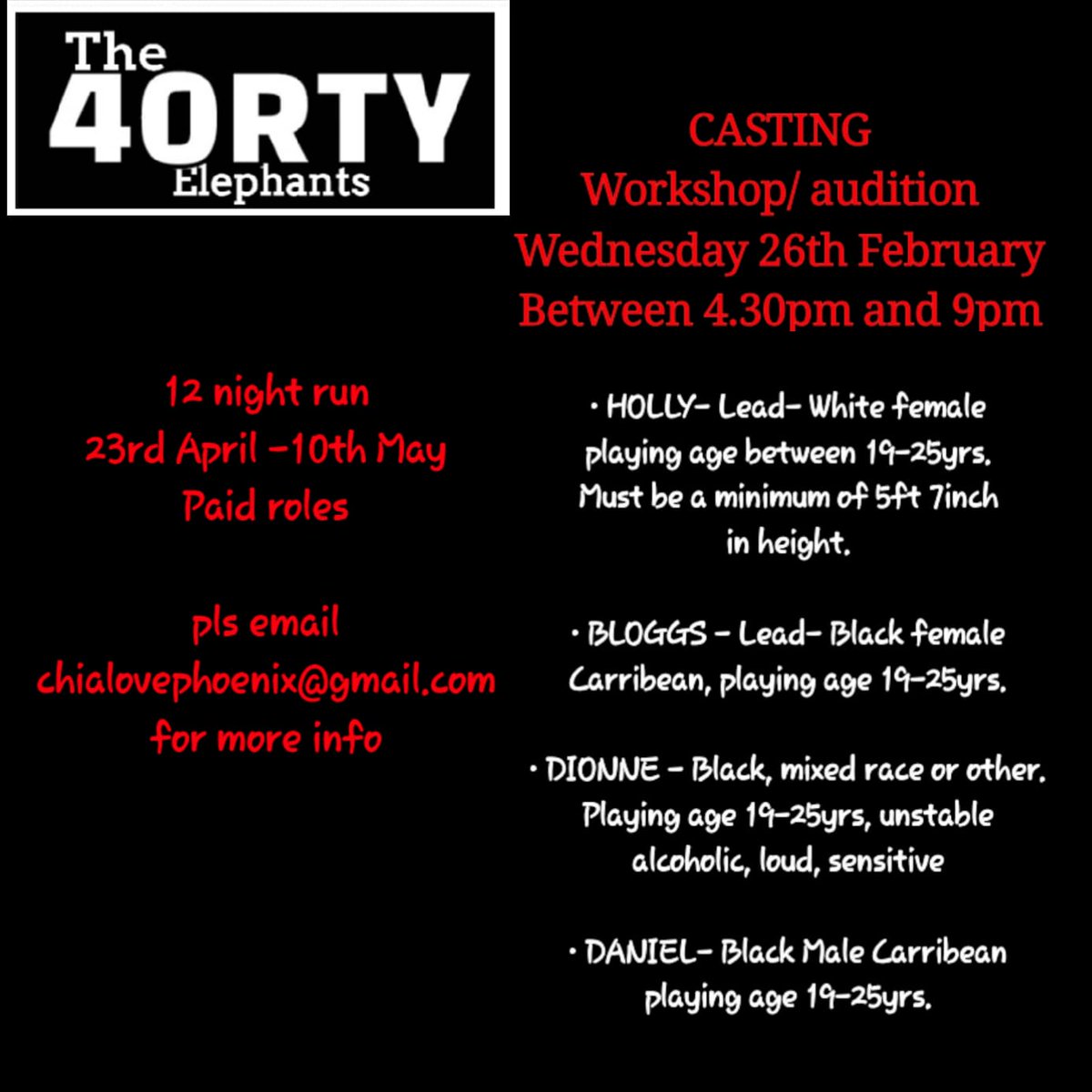 Casting for The 40rty Elephants. Pls email chialovephoenix@gmail.com