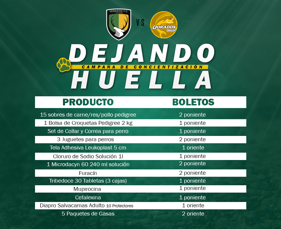 Trae tus donaciones a las taquillas del estadio y obtén boletos para el partido contra Dorados .🎟🎟
⌚12pm - 8pm.
🔴Consulta la tabla de intercambio.👇
<a href="/Sanandopatitas/">Sanando Patitas</a> | <a href="/CincoPatas5/">Cinco Patas A.C.</a>
#PrimeroSoyVenado🔰 #DejandoHuella🐾