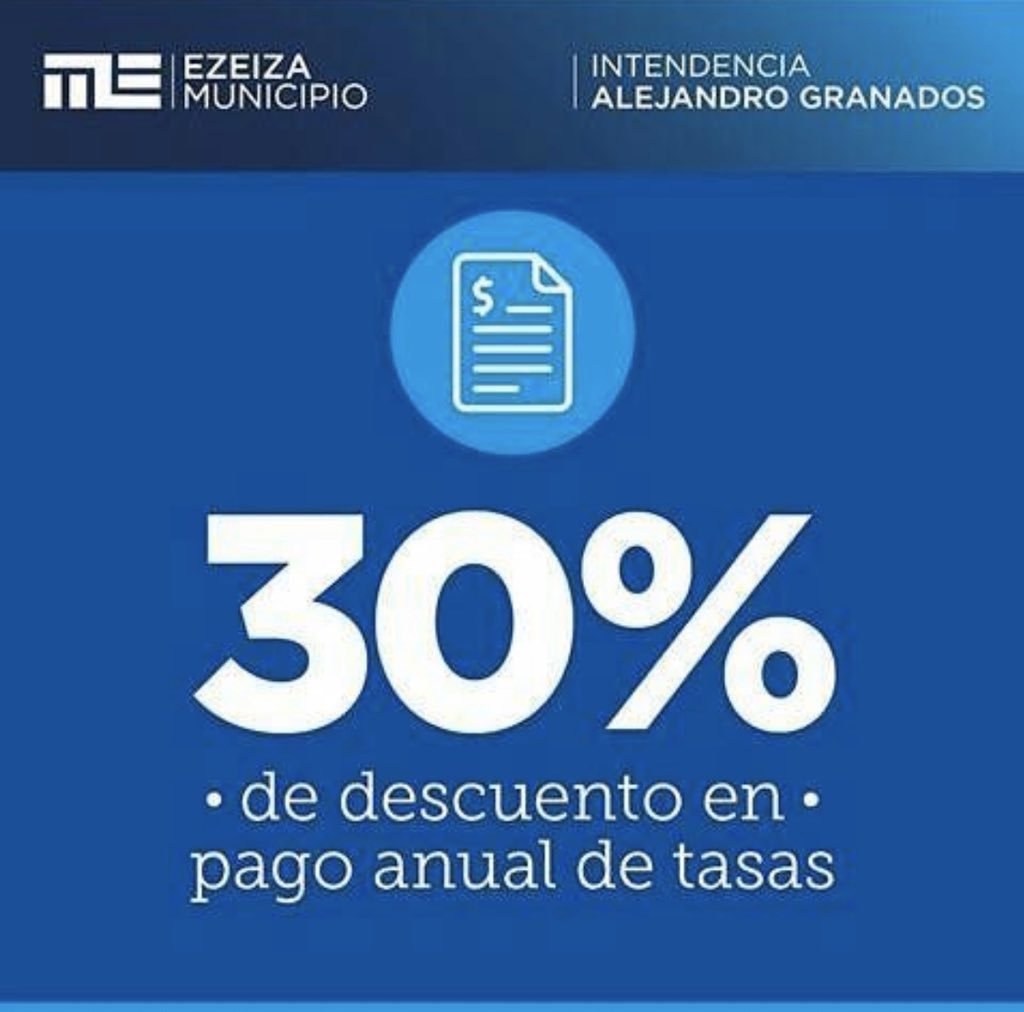 <a href="/ezeizamunicipio/">EZEIZAMUNICIPIO</a> Informa !!!! Última semana para acceder al 30% de descuento en el pago anual por la Tasa por la Propiedad Urbana. Ingresa al sitio web del municipio ezeiza.gob.ar - Tasas Online descarga y/o abona a través del botón de pago online! 
<a href="/ezeizamunicipio/">EZEIZAMUNICIPIO</a>