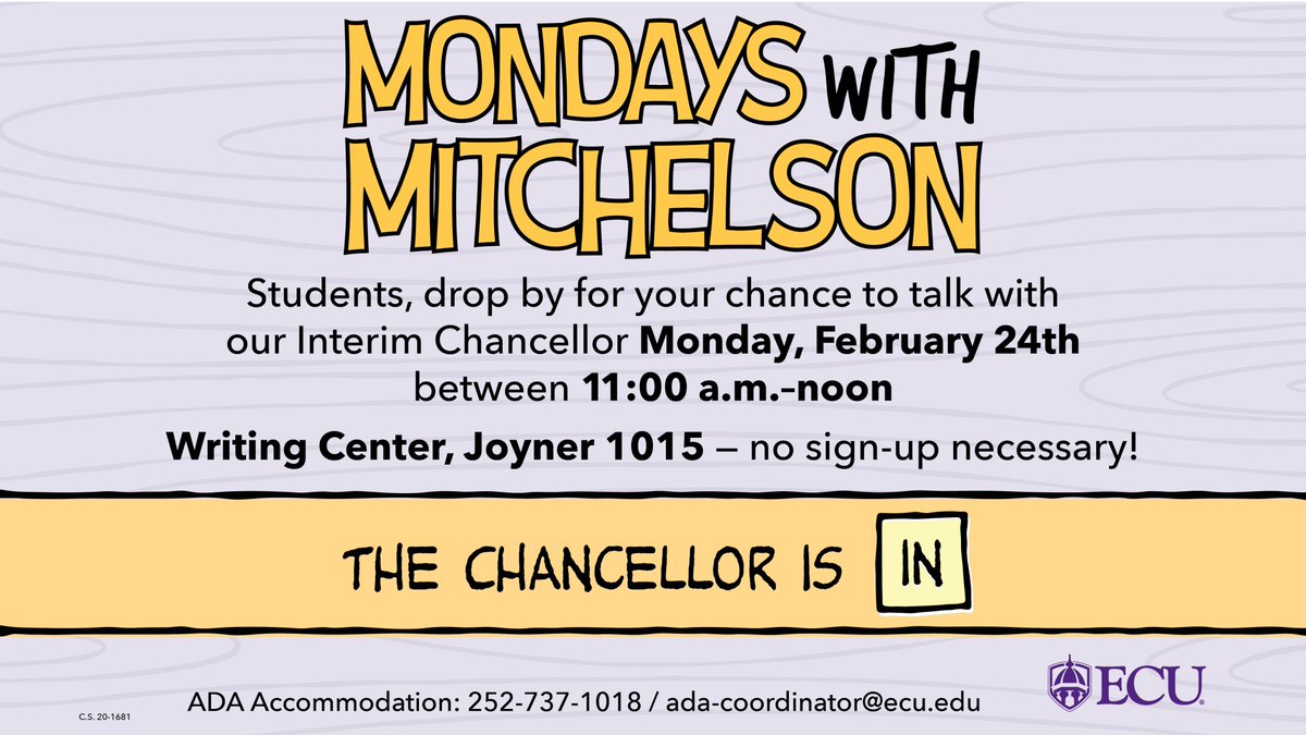 Philip Rogers (@ecuchancellor) on Twitter photo Mondays with Mitchelson is a time for you โ the students โ to talk with me about things that are important to you.
So, come hang out with me this Monday from 11 to noon at the Writing Center, <a href="/joynerlibrary/">joynerlibrary</a> 1015!
I want to hear from you, because your voice matters! Mondays with Mitchelson is a time for you โ the students โ to talk with me about things that are important to you.
So, come hang out with me this Monday from 11 to noon at the Writing Center, <a href="/joynerlibrary/">joynerlibrary</a> 1015!
I want to hear from you, because your voice matters!